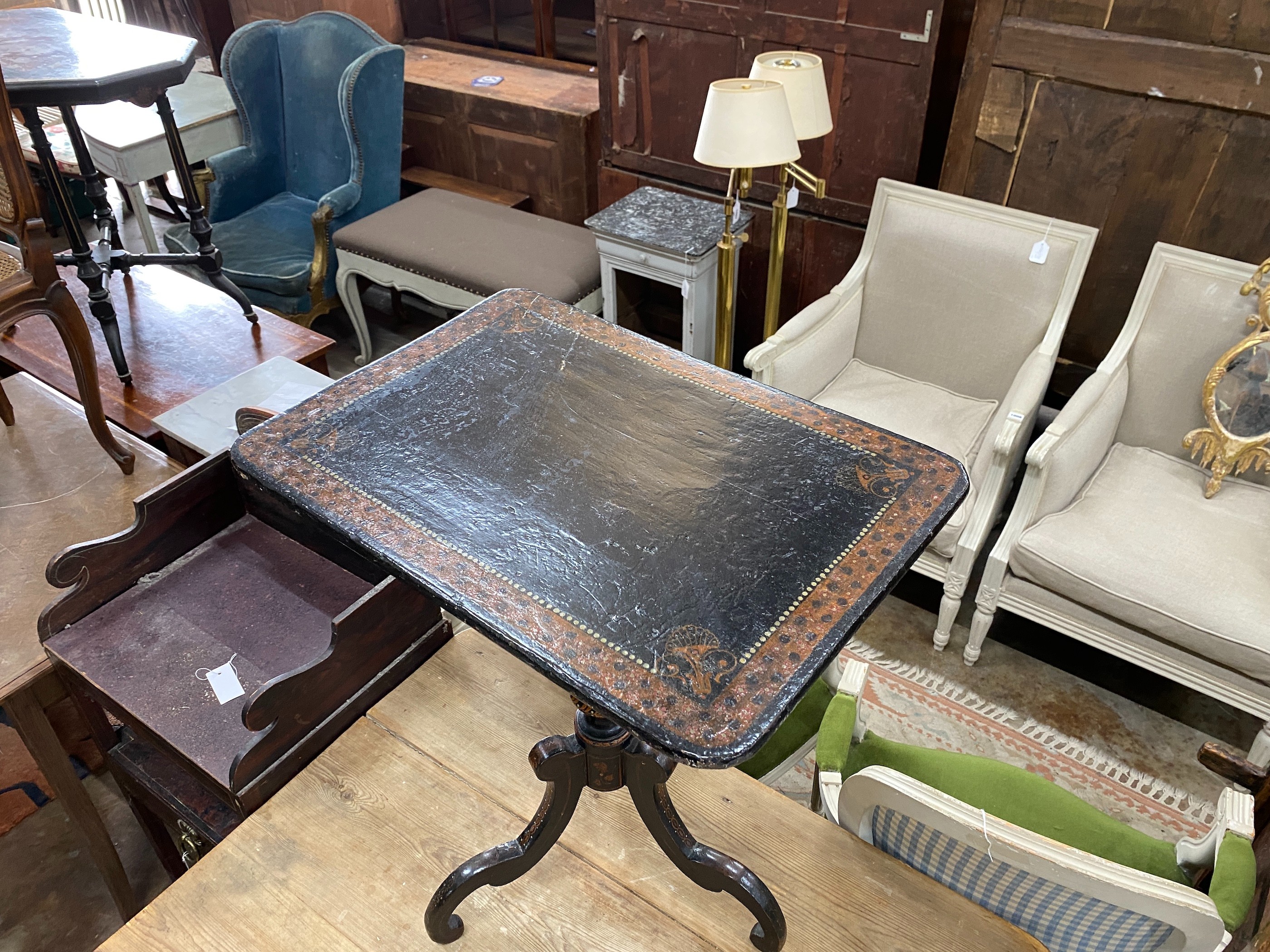 A Regency and later painted rectangular tripod wine table, width 57cm, depth 40cm, height 67cm